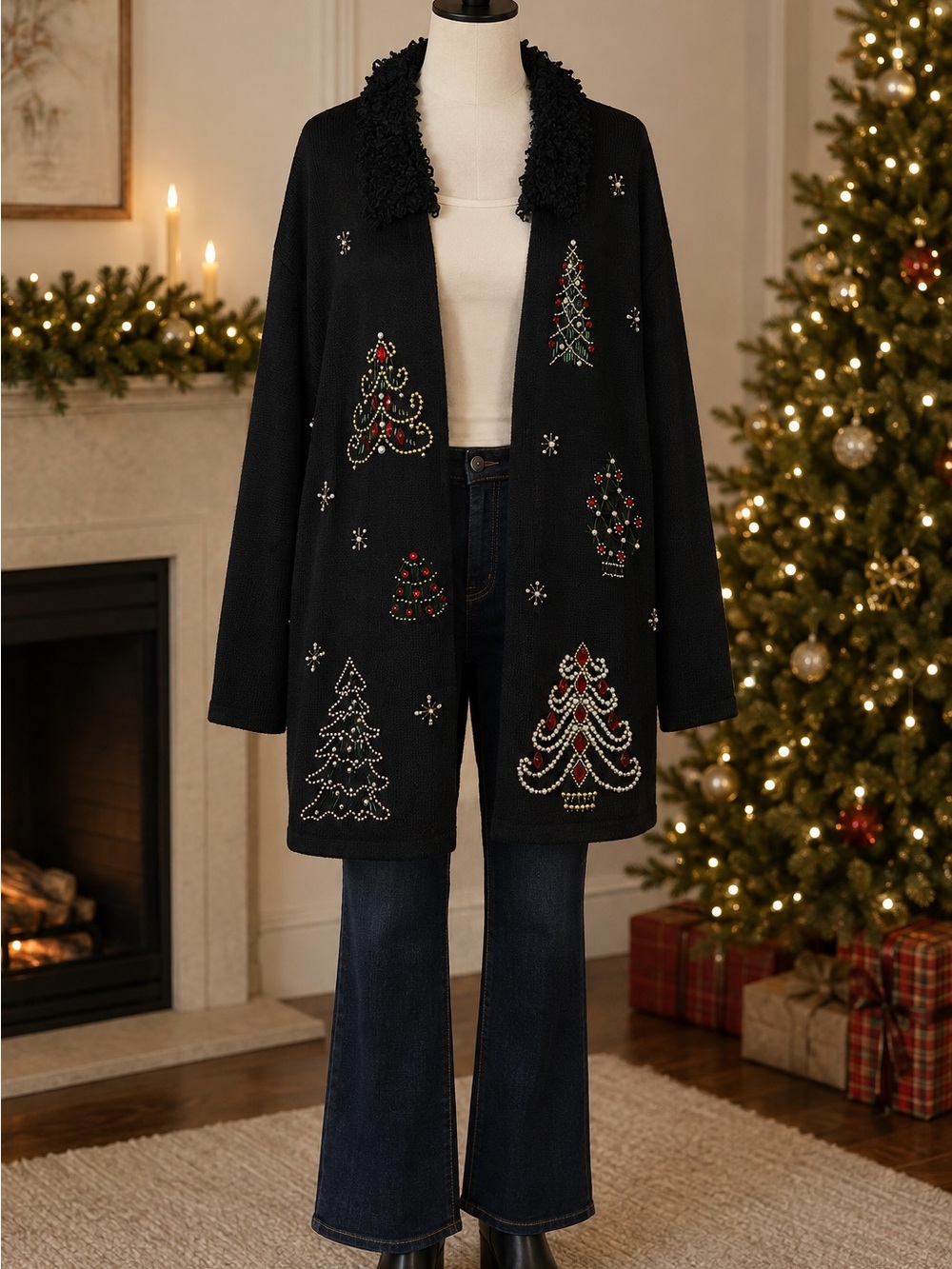 Lemon Grass Beaded Christmas Tree Cardigan Sweater Faux Fur Collar Black Sz 1X - Picture 2 of 7